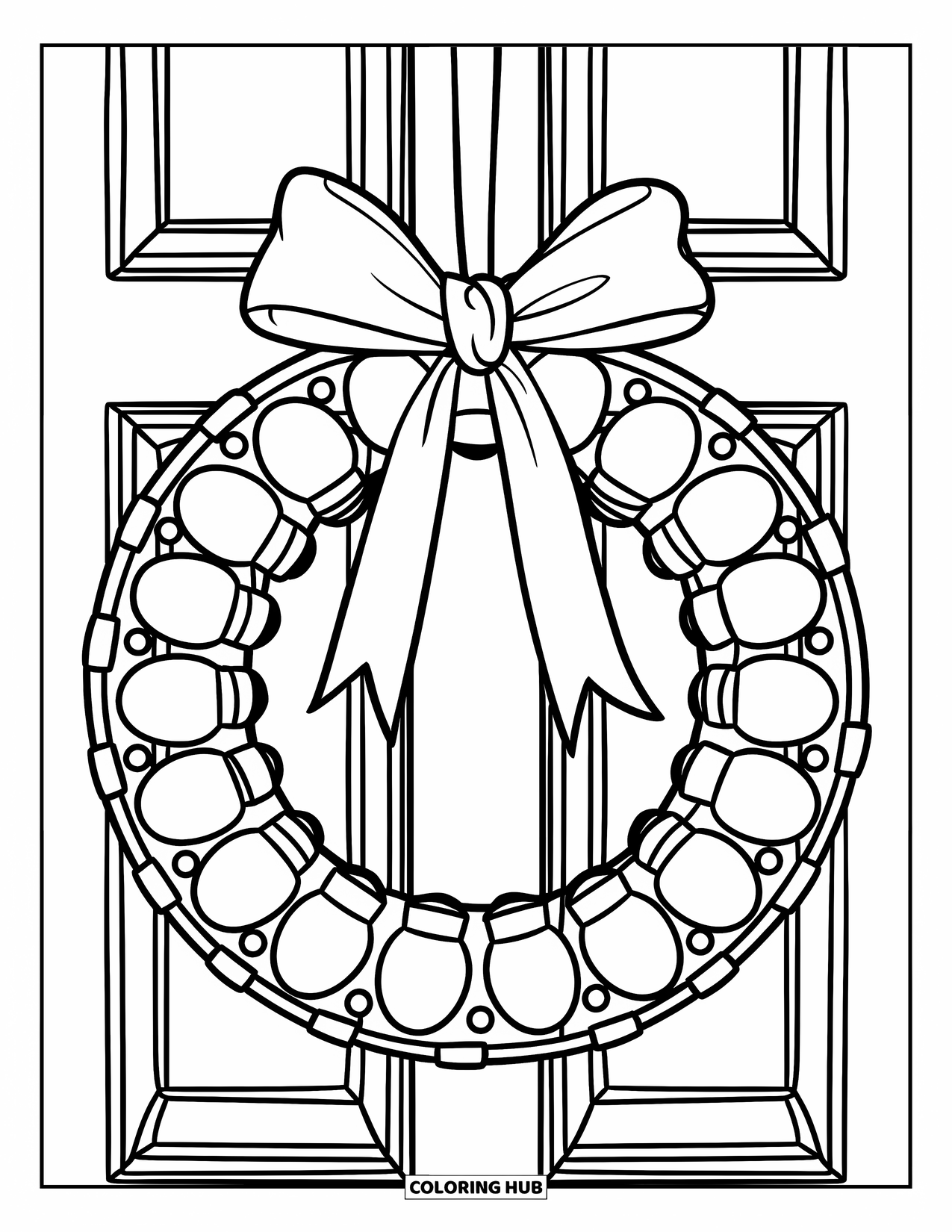 Christmas Lights Coloring Page for Kids: A wreath of light bulbs and ribbons hangs neatly on a bright door
