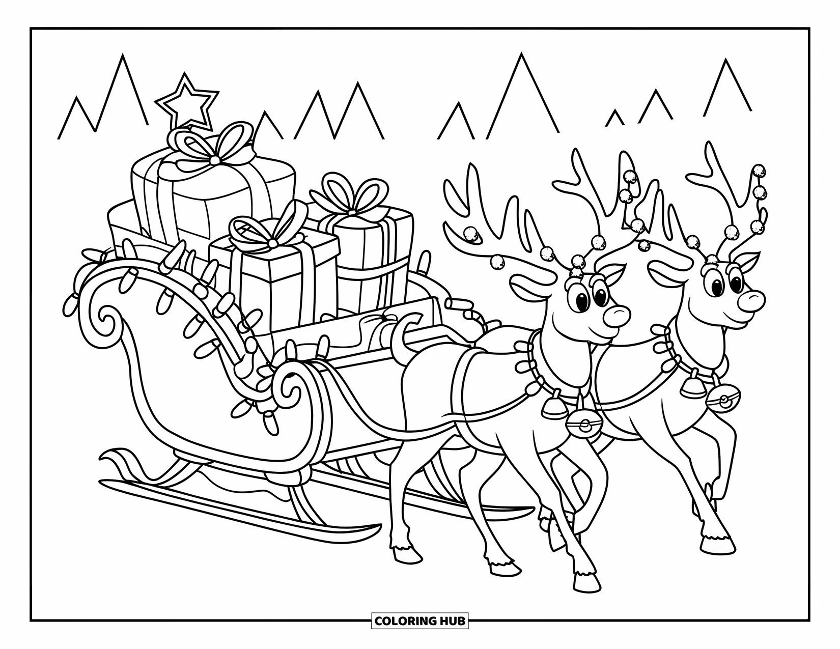 Christmas Lights Coloring Page for Kids: Santa rides his bright sleigh with reindeer across a winter forest