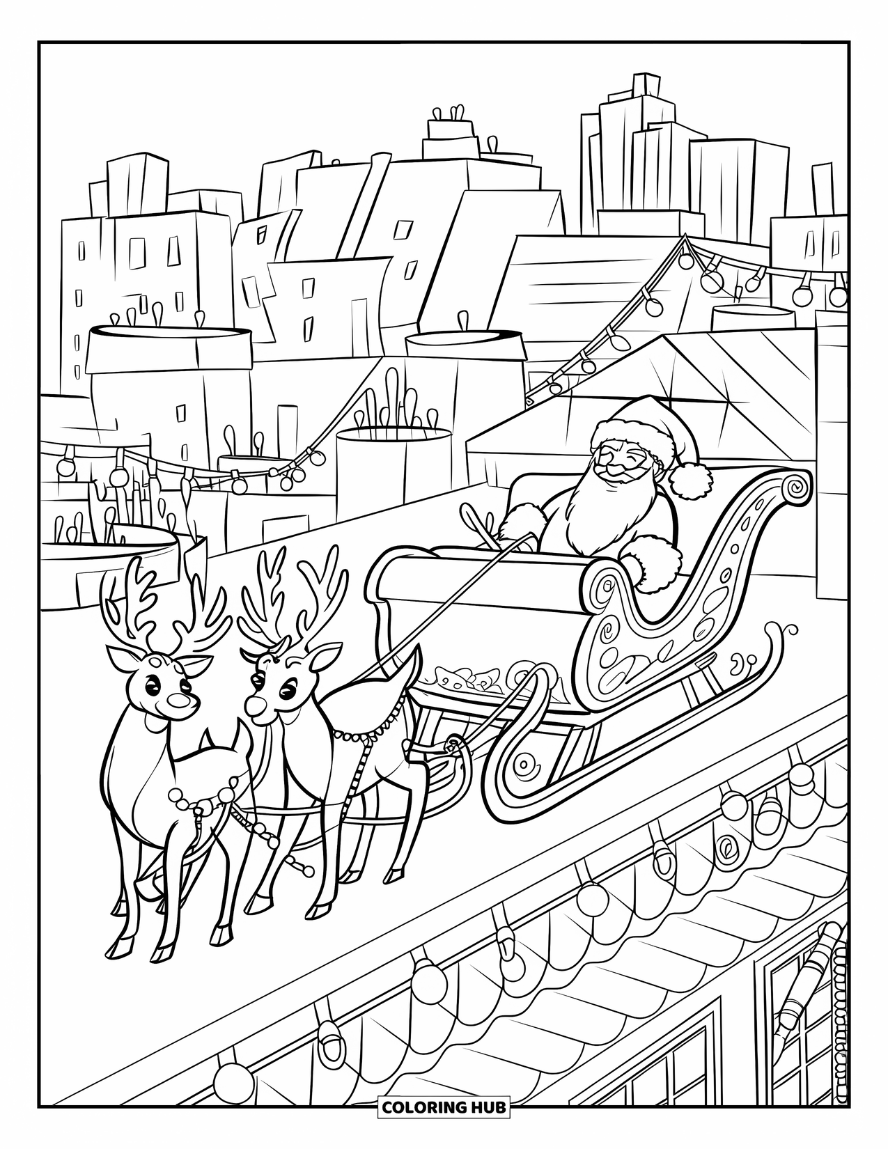 Christmas Lights Coloring Page for Kids: Santa rides his sleigh across rooftops under twinkling holiday lights