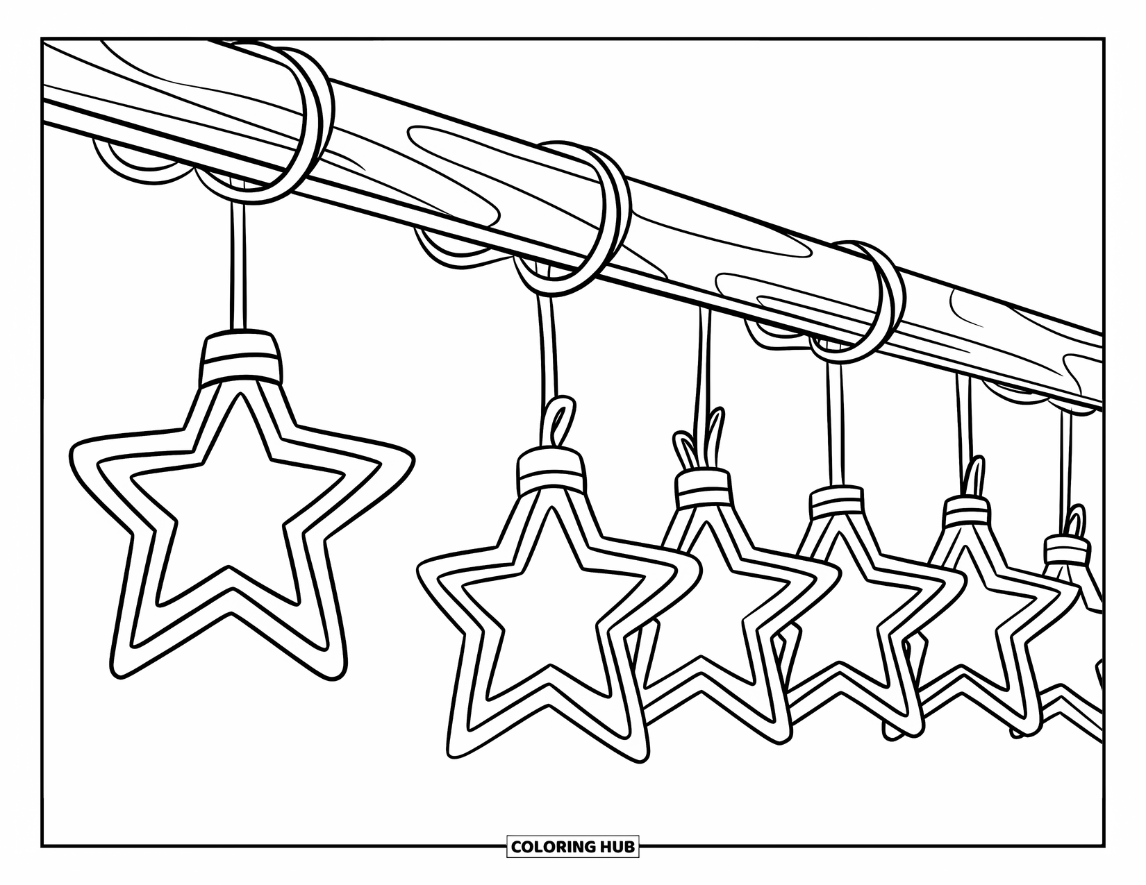 Christmas Lights Coloring Page for Kids: Star-shaped lights dangle from a wooden pole against a snowy sky