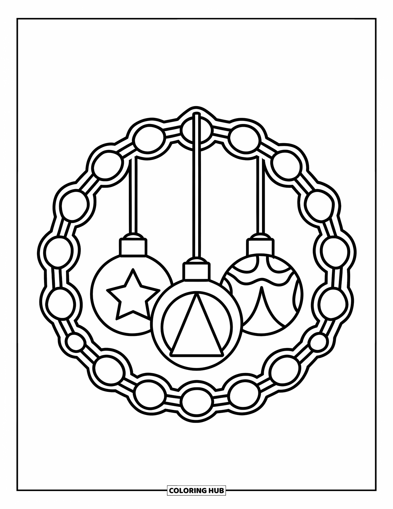 Christmas Lights Coloring Page for Kids: Three glowing bulbs hang inside a bright circular wreath