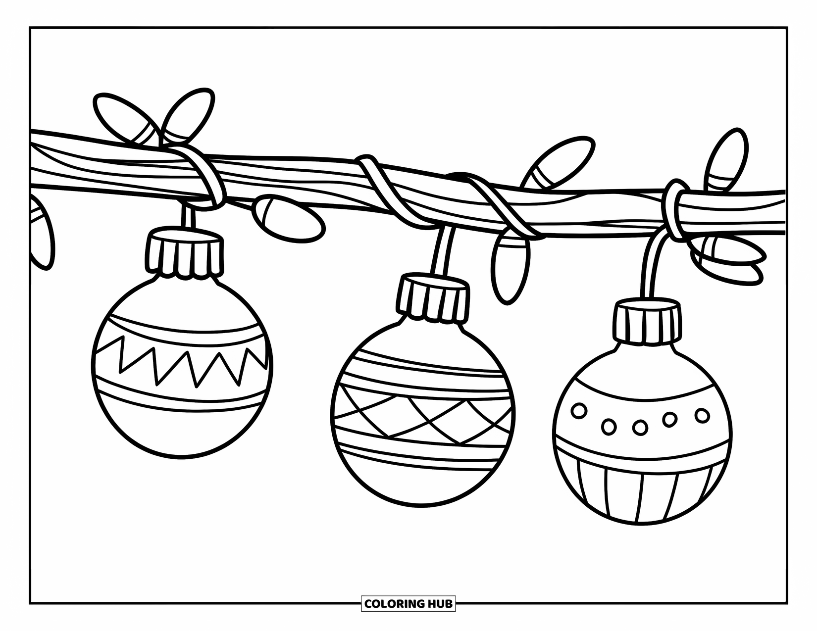 Christmas Lights Coloring Page for Kids: Three patterned bulbs hang from a string of lights on a branch
