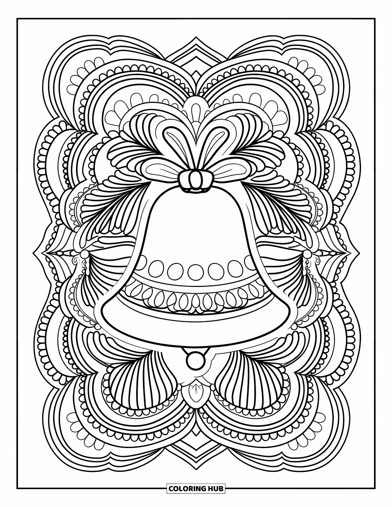 Christmas Mandala Coloring Page for Adults: A bell encircled by garlands, pine needles, and festive patterns