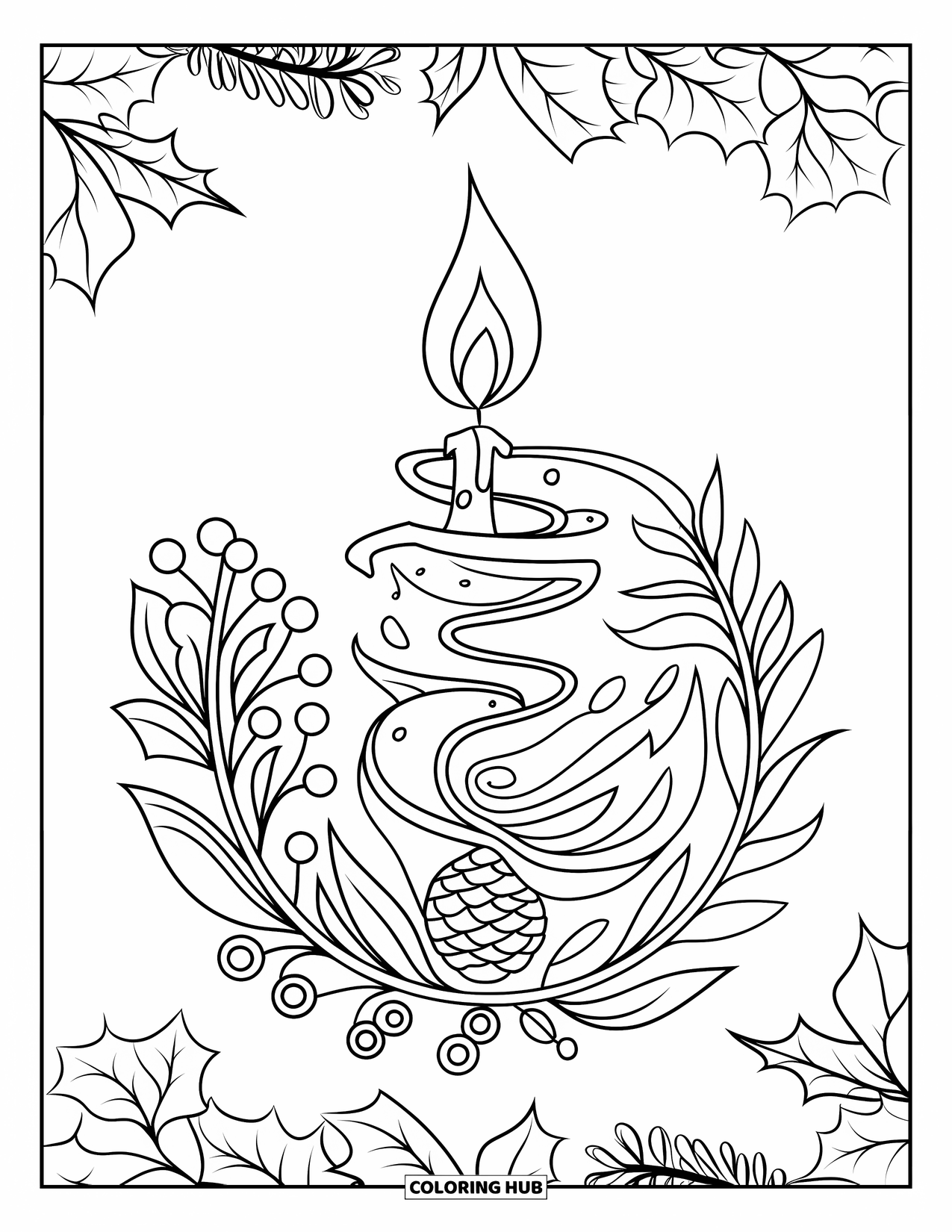 Christmas Mandala Coloring Page for Adults: A candle surrounded by leaves, berries, and a holly wreath