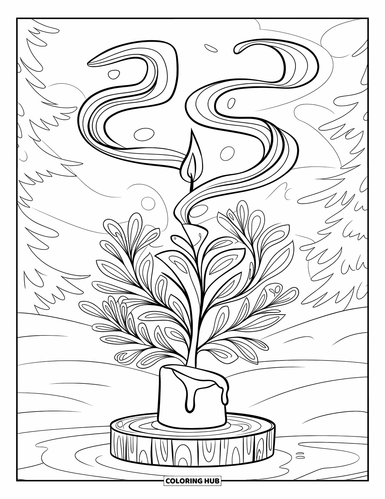 Christmas Mandala Coloring Page for Adults: A candle's curling smoke transforms into a botanical Christmas mandala