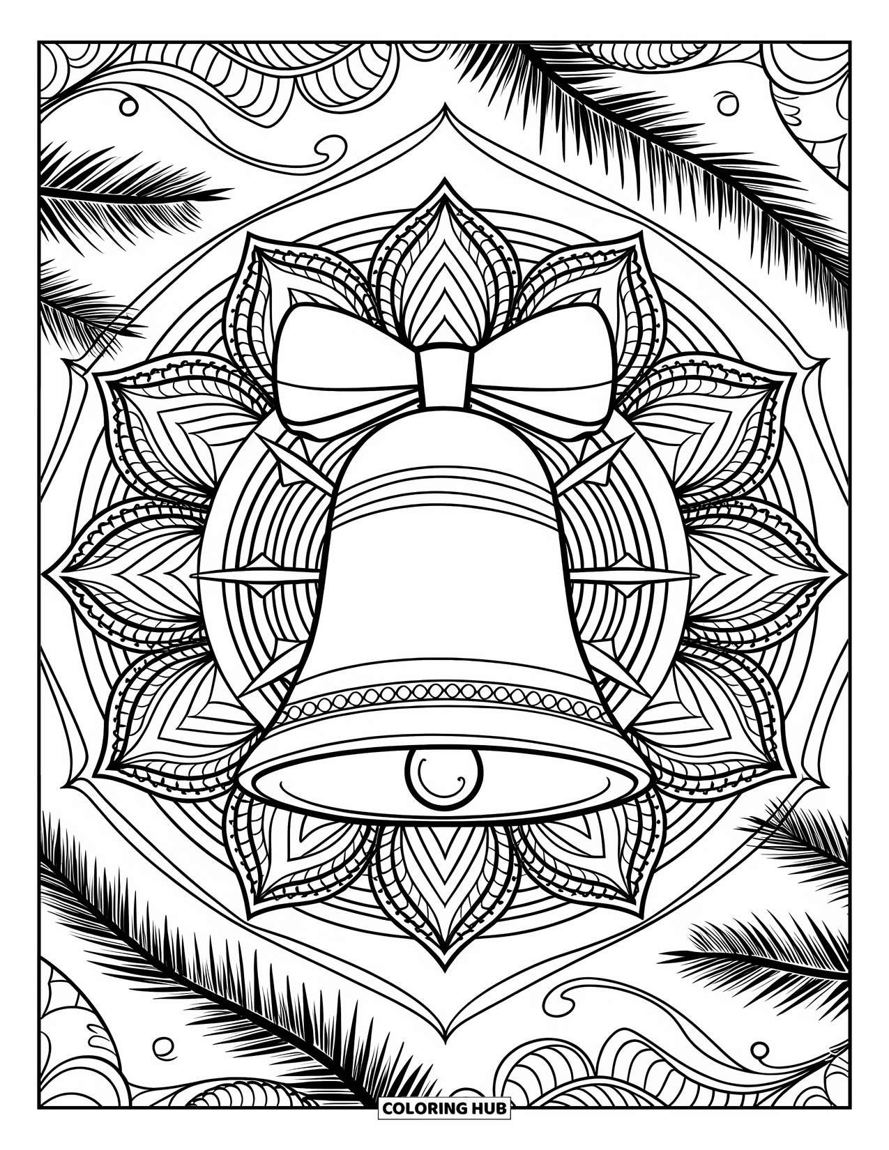 Christmas Mandala Coloring Page for Adults: A central bell framed by garlands and pine branches in circular harmony