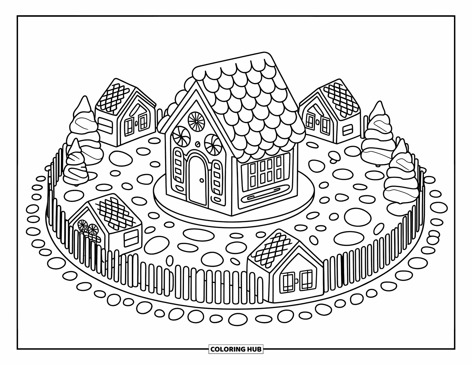 Christmas Mandala Coloring Page for Adults: A gingerbread house and candy paths form a cheerful holiday mandala