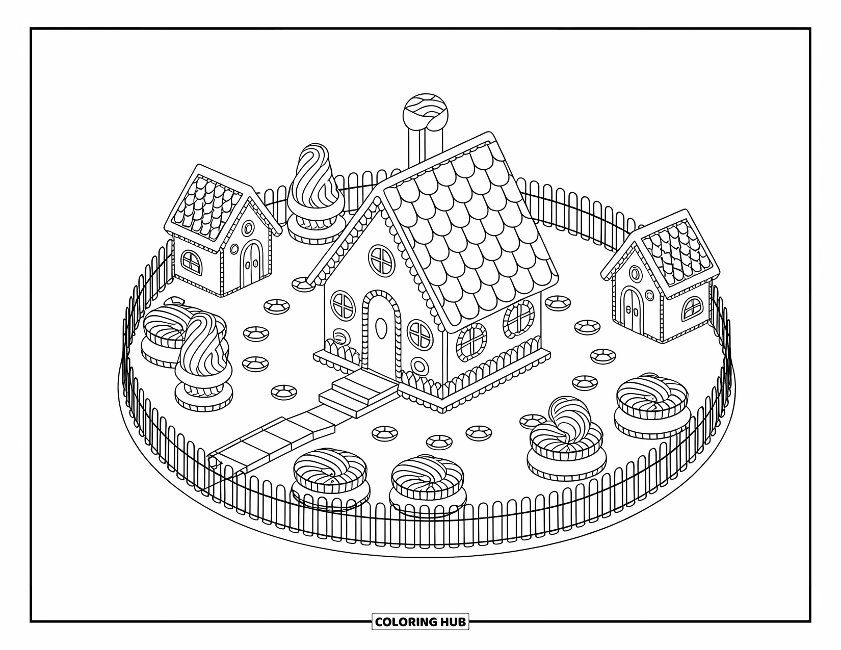 Christmas Mandala Coloring Page for Adults: A glowing gingerbread village radiates from the center of a festive mandala