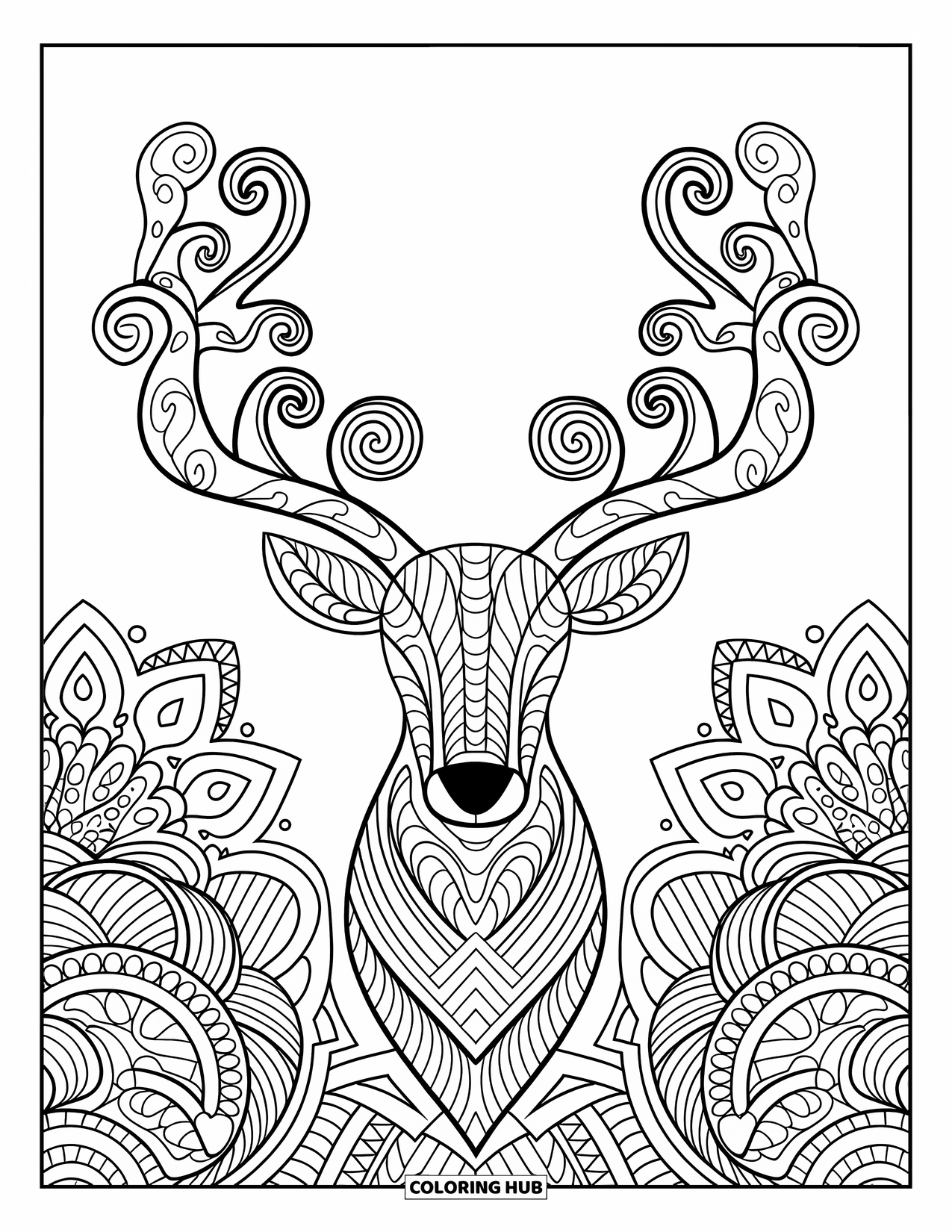 Christmas Mandala Coloring Page for Adults: A reindeer head with swirling antlers forming a mandala of vines