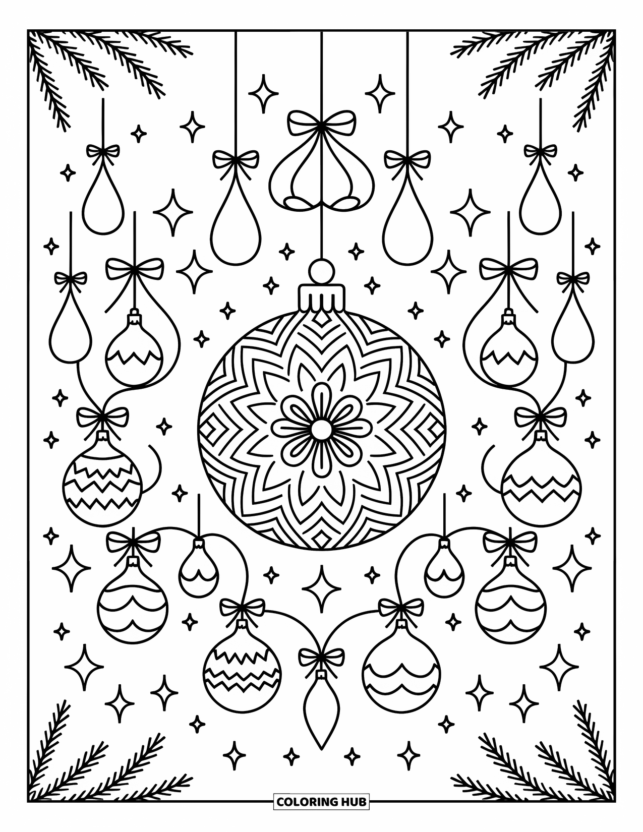 Christmas Mandala Coloring Page for Adults: A round ornament surrounded by bells, stars, and evergreen branches
