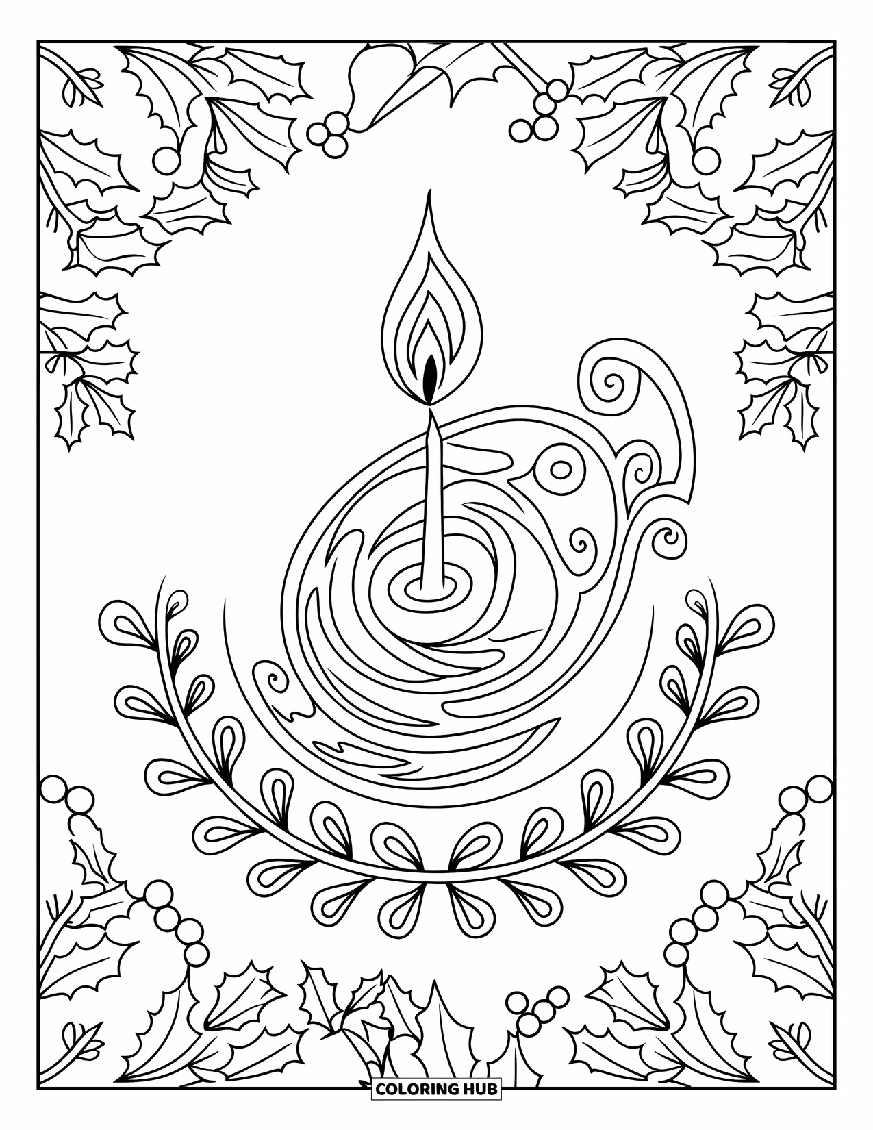 Christmas Mandala Coloring Page for Adults: A single candle spirals into a wreath of leaves, berries, and holly