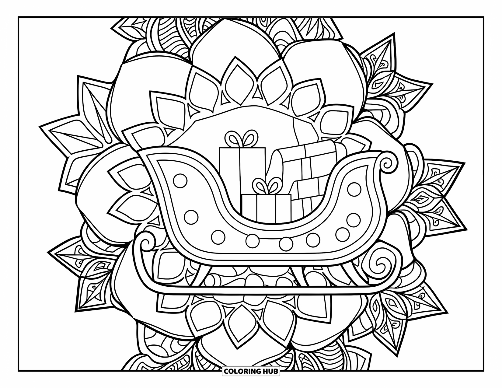 Christmas Mandala Coloring Page for Adults: A sleigh of gifts encircled by glass-like snowflakes in a peaceful design