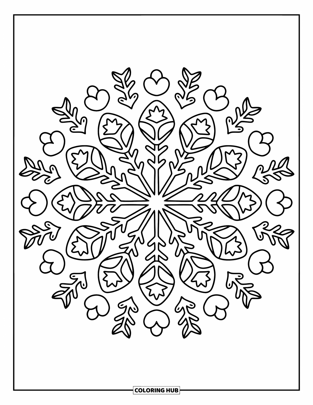 Christmas Mandala Coloring Page for Adults: A sweet mandala of gingerbread cookies, hearts, and candy swirls