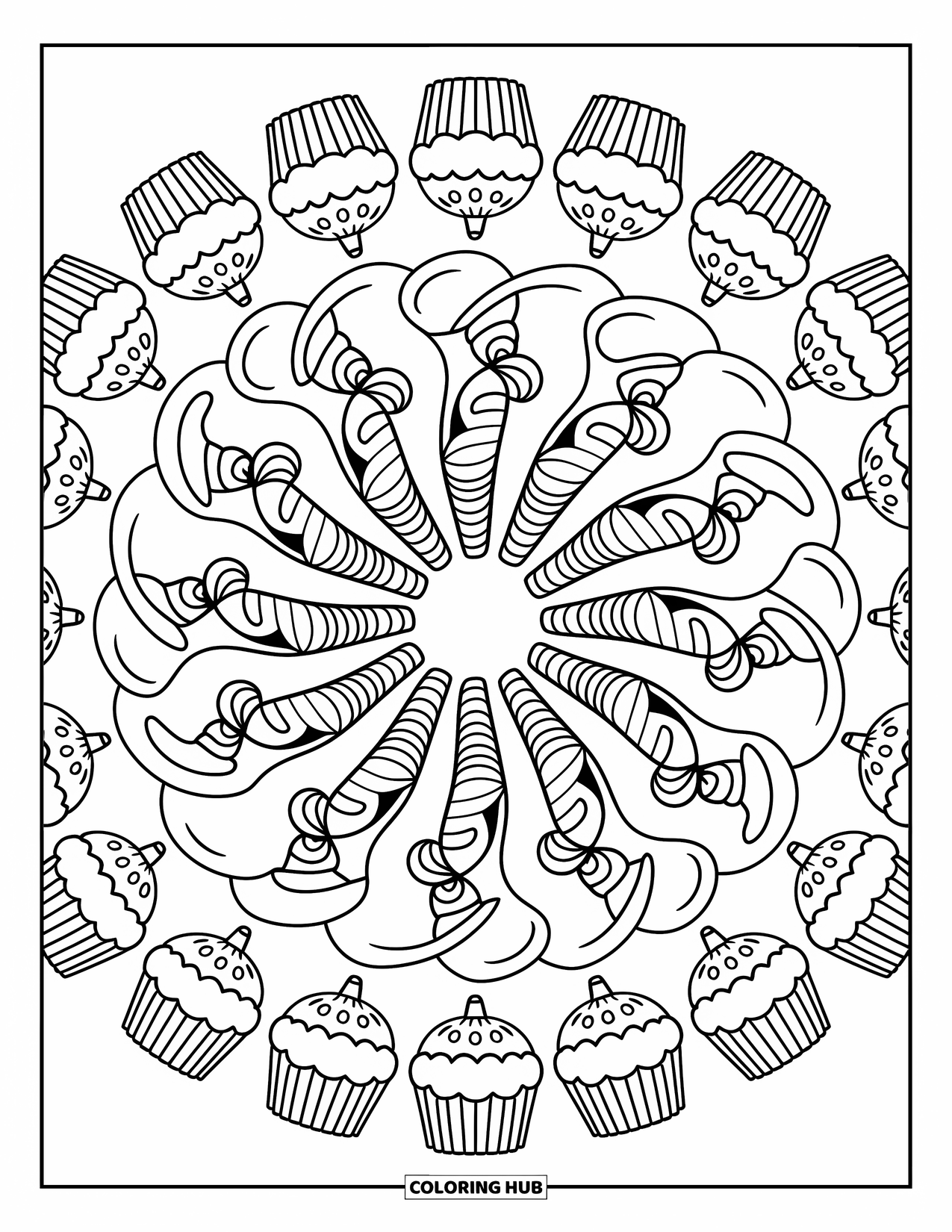 Christmas Mandala Coloring Page for Adults: Candy canes and cupcakes swirl together in a sweet Christmas mandala