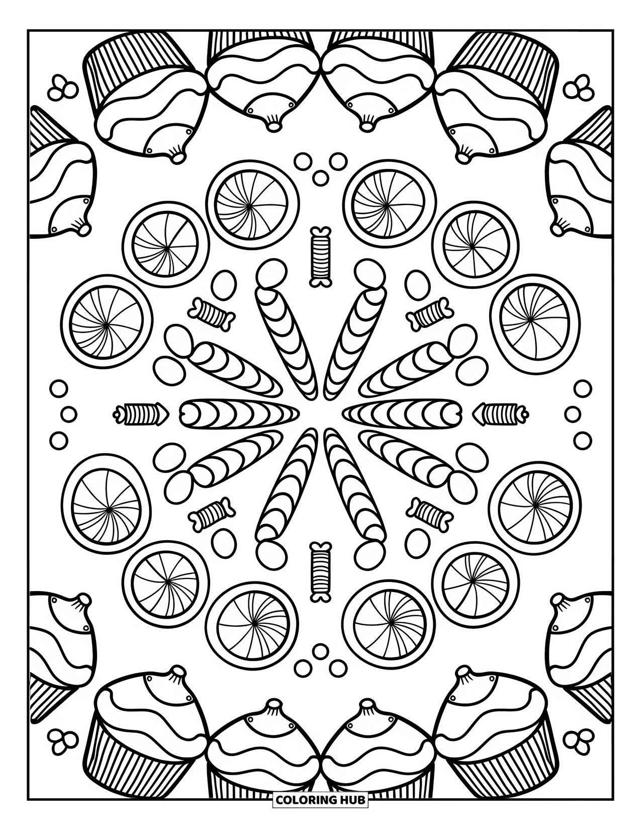 Christmas Mandala Coloring Page for Adults: Candy hearts, cupcakes, and peppermints form a playful dessert mandala