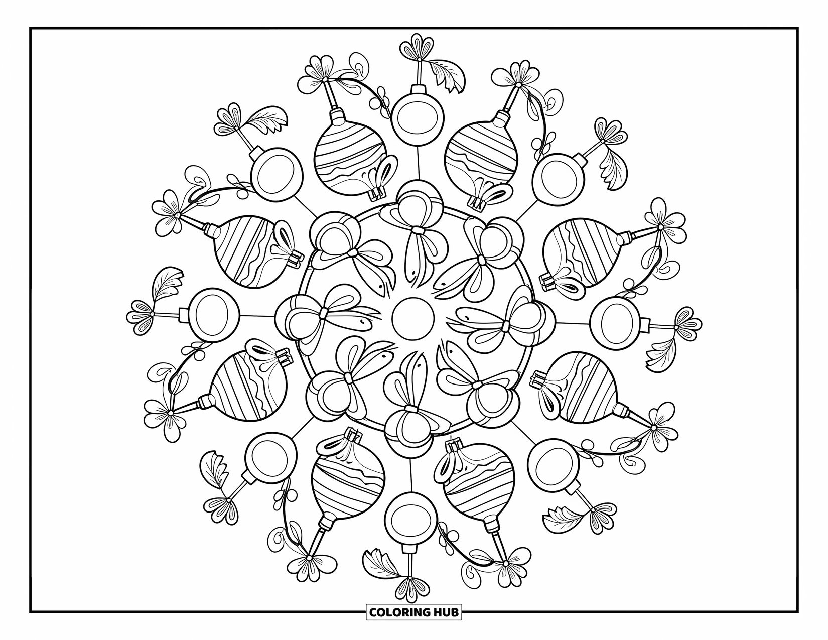 Christmas Mandala Coloring Page for Adults: Ornaments and bows intertwine with floral branches in a detailed mandala
