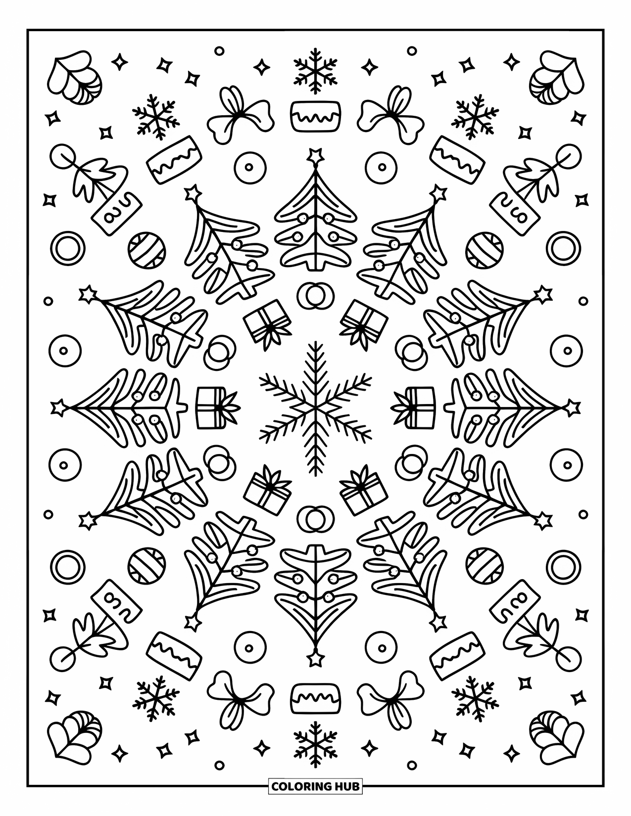 Christmas Mandala Coloring Page for Adults: Tiny trees, stars, and bows create a charming Christmas mandala