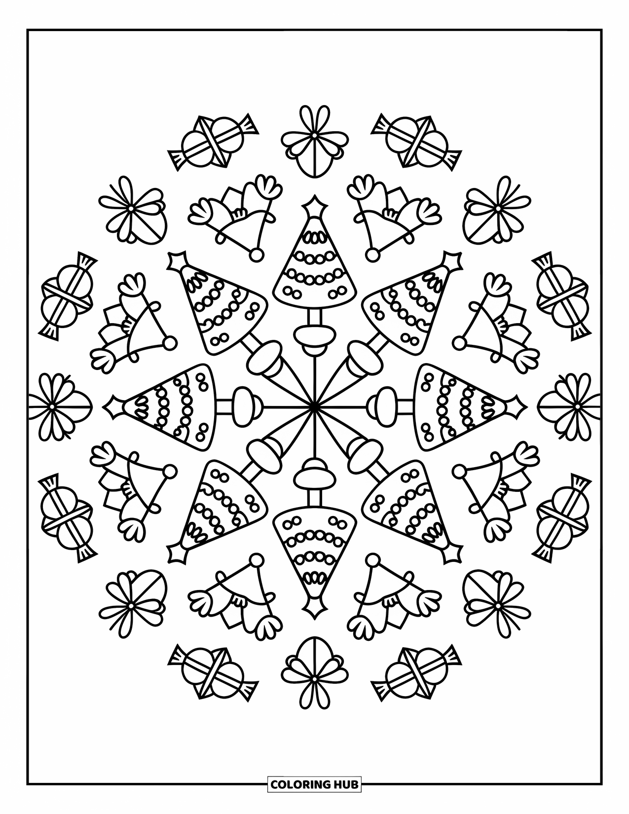 Christmas Mandala Coloring Page for Adults: Trees, stars, and snowflakes combine in a cheerful Christmas mandala