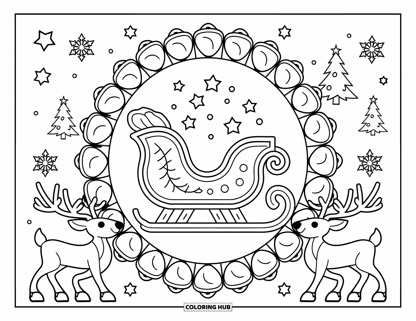 Christmas Mandala Coloring Page for Kids: A cartoon sleigh surrounded by jingle bells in a fun circular design