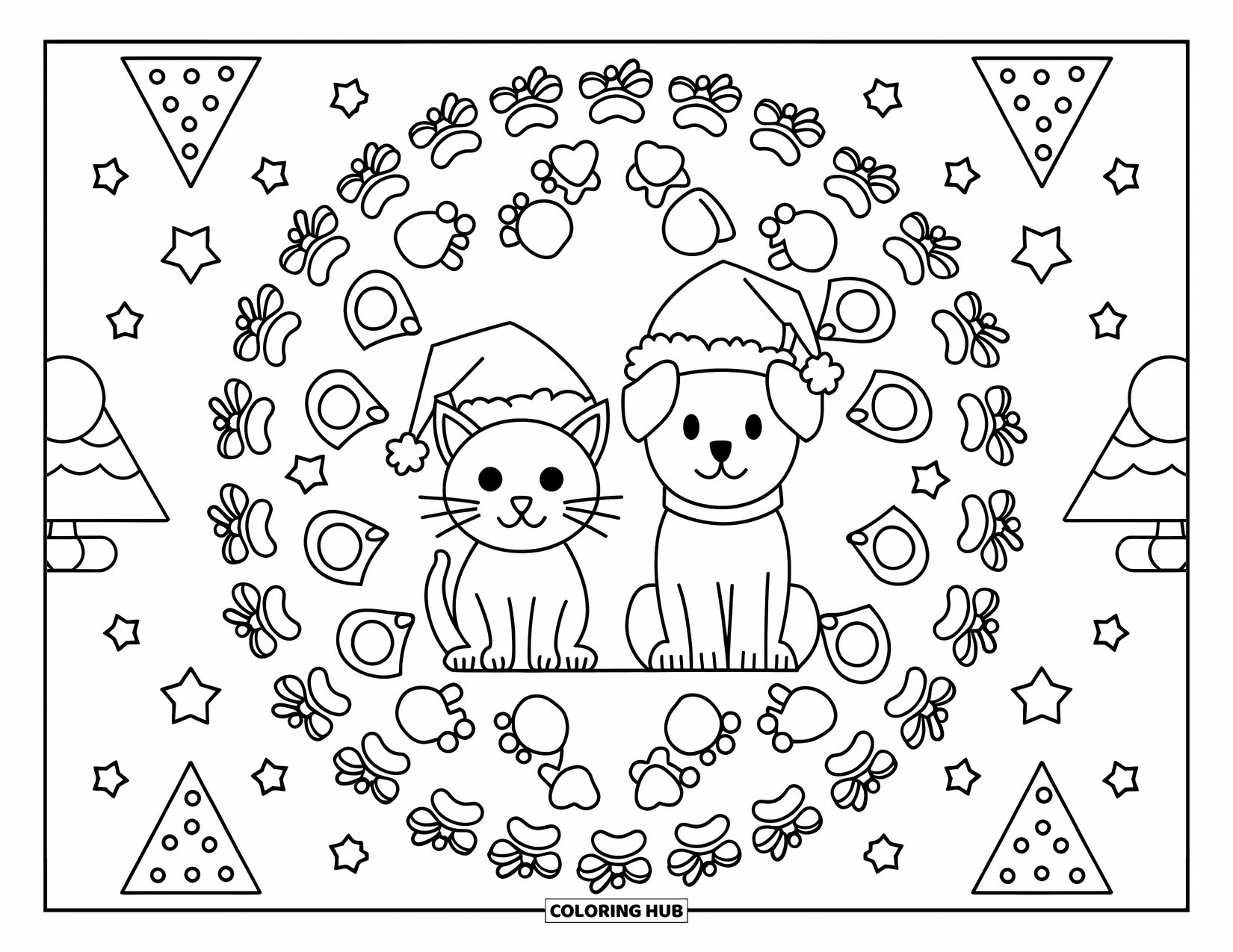 Christmas Mandala Coloring Page for Kids: A cat and dog wear Santa hats amid stars, trees, and holiday ornaments