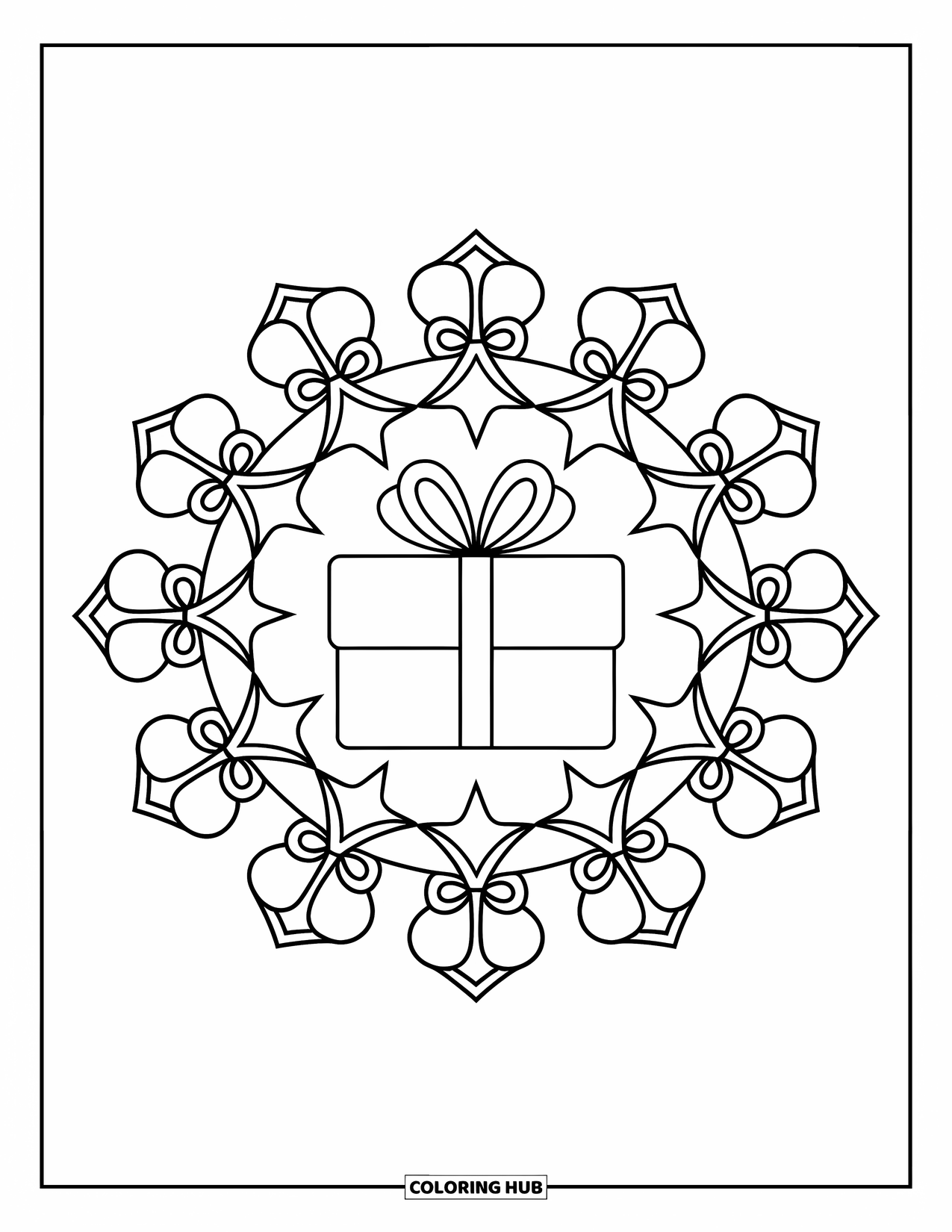 Christmas Mandala Coloring Page for Kids: A central gift box surrounded by stars and bows in a radial mandala