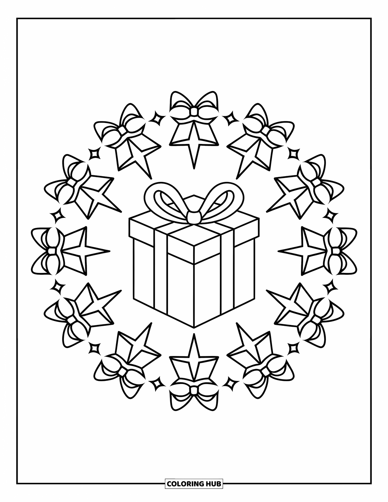 Christmas Mandala Coloring Page for Kids: A central gift surrounded by stars and bows in bold, clean outlines