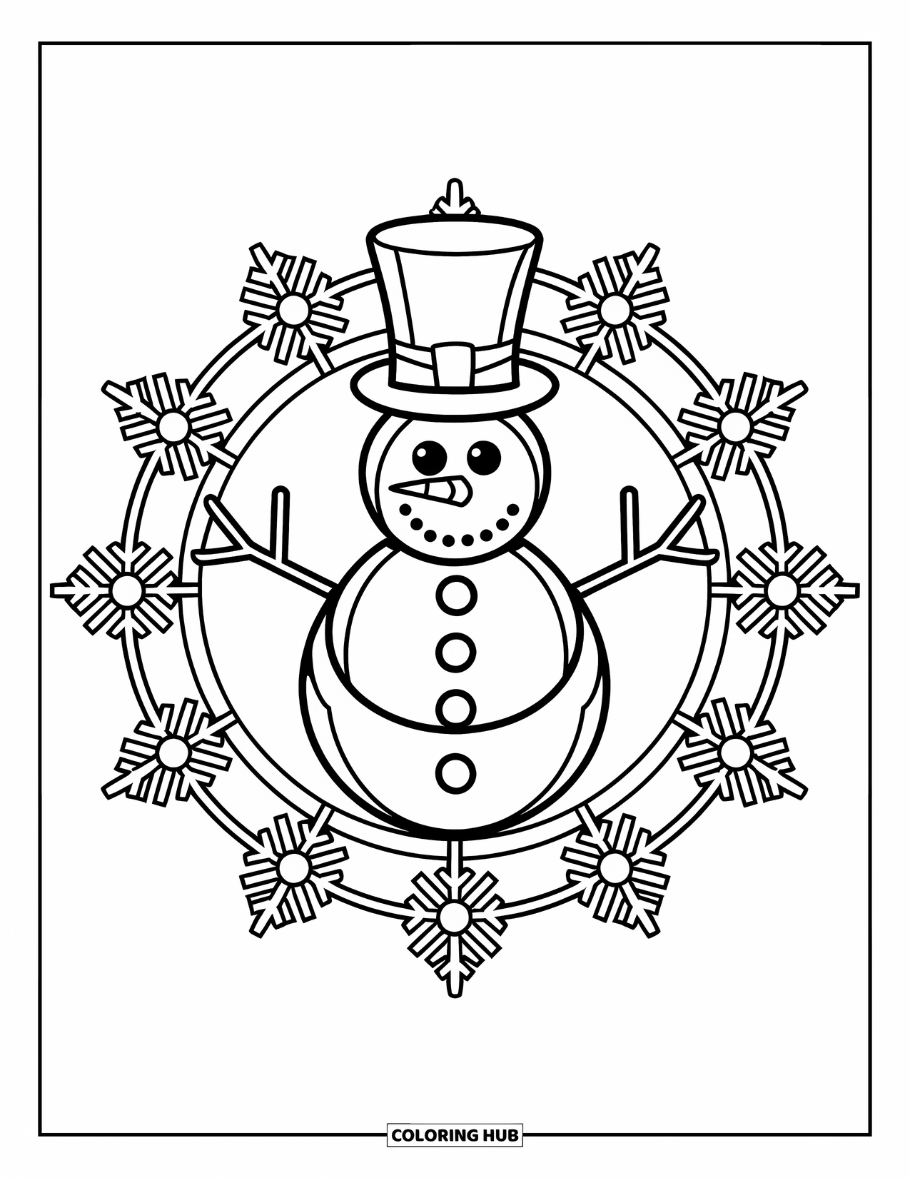 Christmas Mandala Coloring Page for Kids: A cheerful snowman with a top hat surrounded by rings of snowflakes