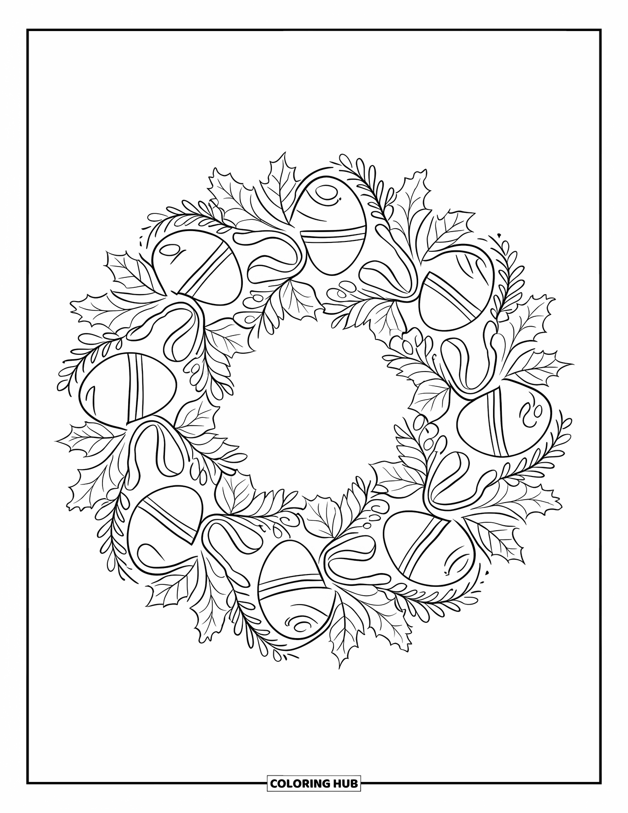 Christmas Mandala Coloring Page for Kids: A circular wreath made of bells, holly leaves, and ribbons