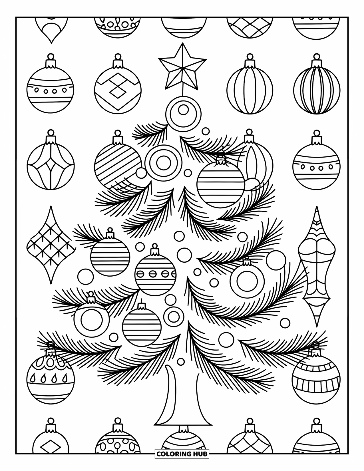 Christmas Mandala Coloring Page for Kids: A decorated tree centered in a circle of ornaments and stars
