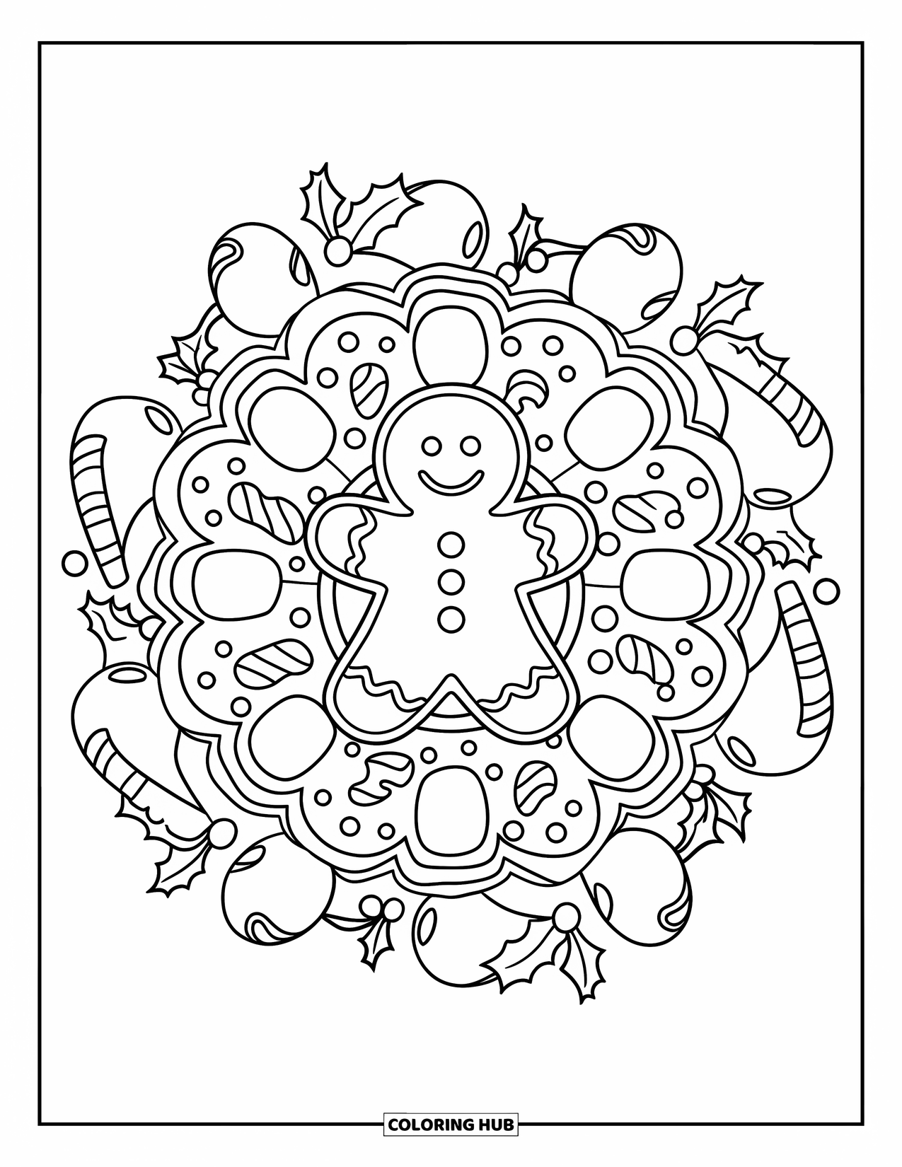 Christmas Mandala Coloring Page for Kids: A gingerbread man sits at the center of a mandala of sweets and candy