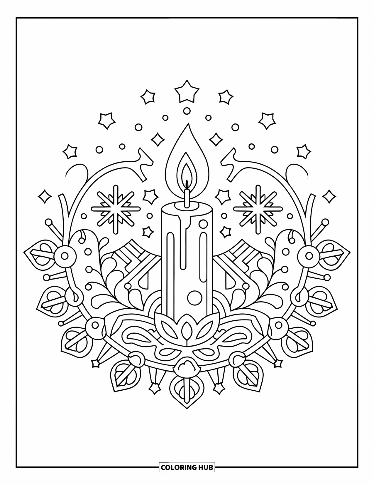 Christmas Mandala Coloring Page for Kids: A glowing candle encircled by stars, snowflakes, and holly leaves