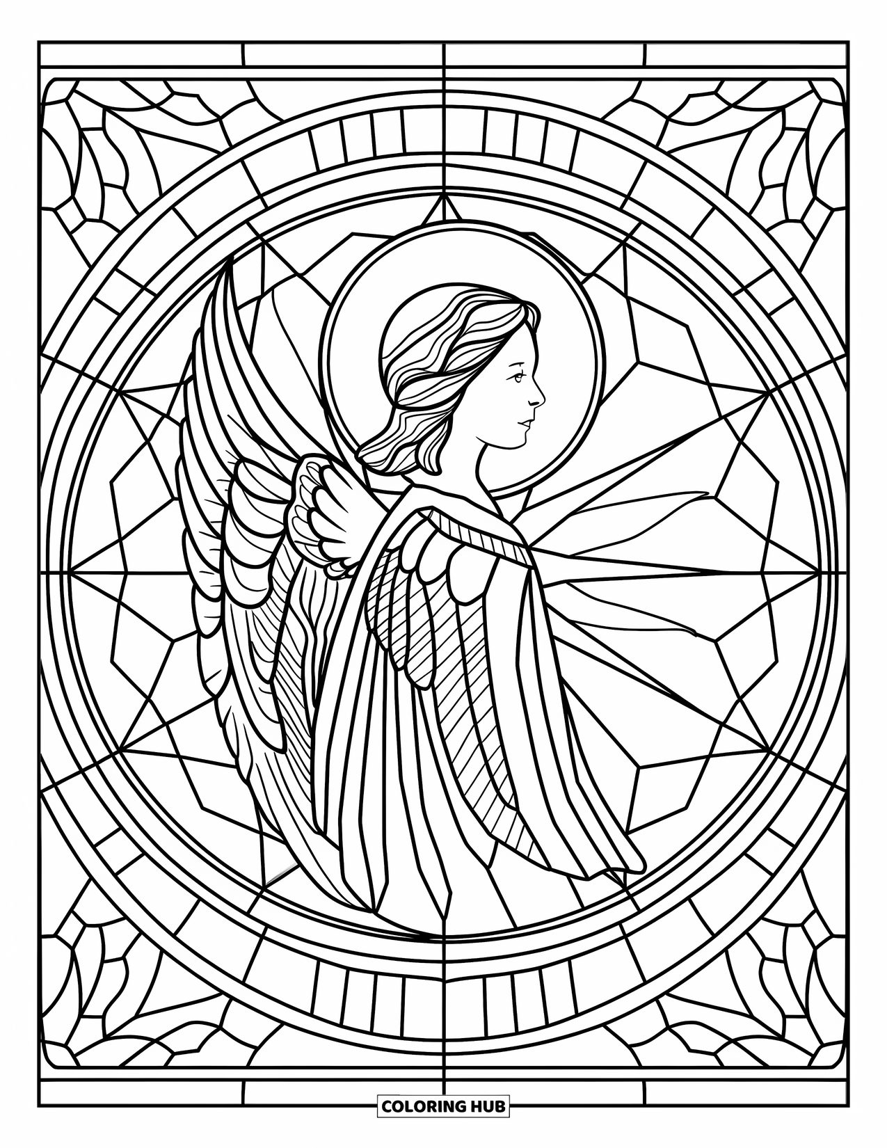 Christmas Mandala Coloring Page for Kids: A graceful angel with feathers and halo framed by stained-glass patterns