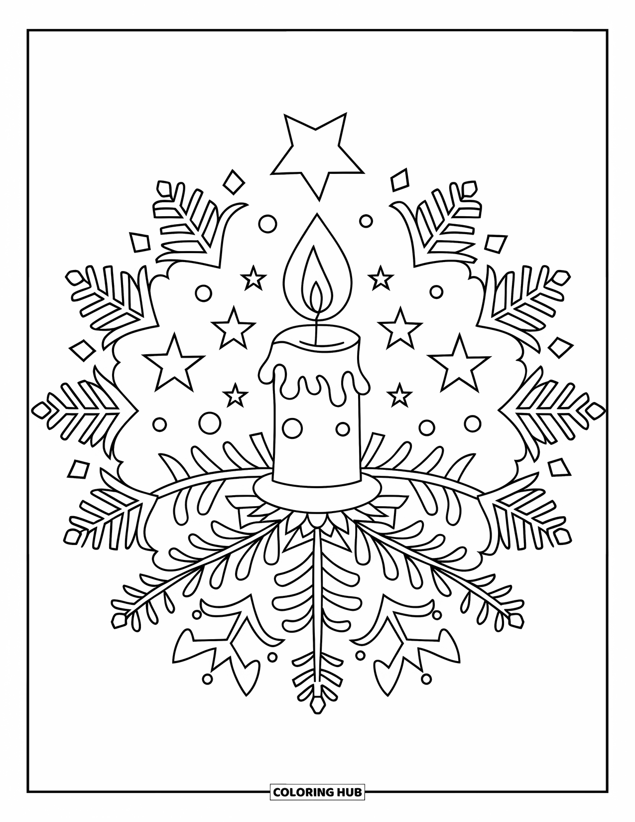 Christmas Mandala Coloring Page for Kids: A large candle surrounded by stars and branches in a simple mandala