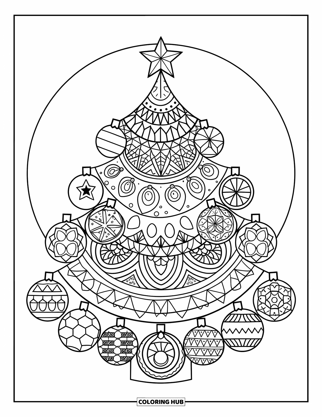 Christmas Mandala Coloring Page for Kids: A layered Christmas tree with geometric ornaments in circular harmony