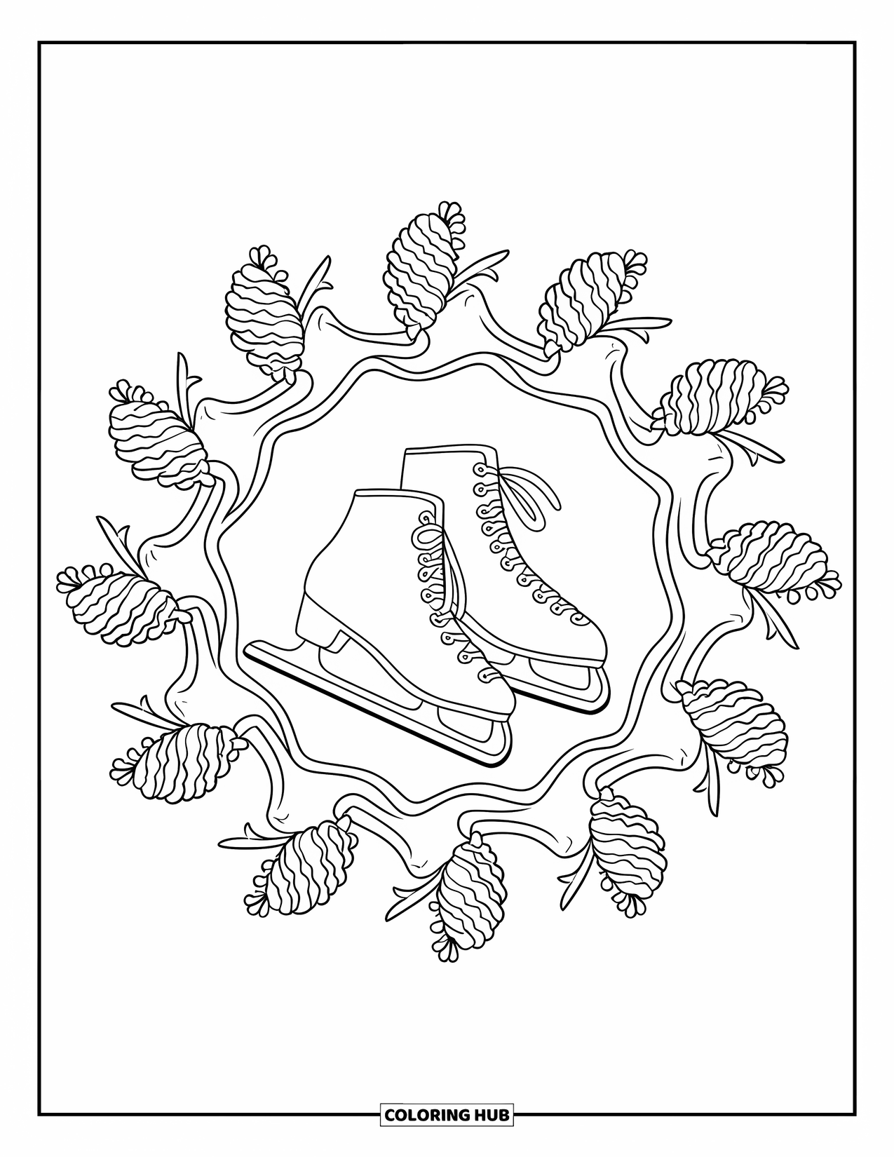 Christmas Mandala Coloring Page for Kids: A pair of ice skates rest in the center of a mandala of pinecones and snow
