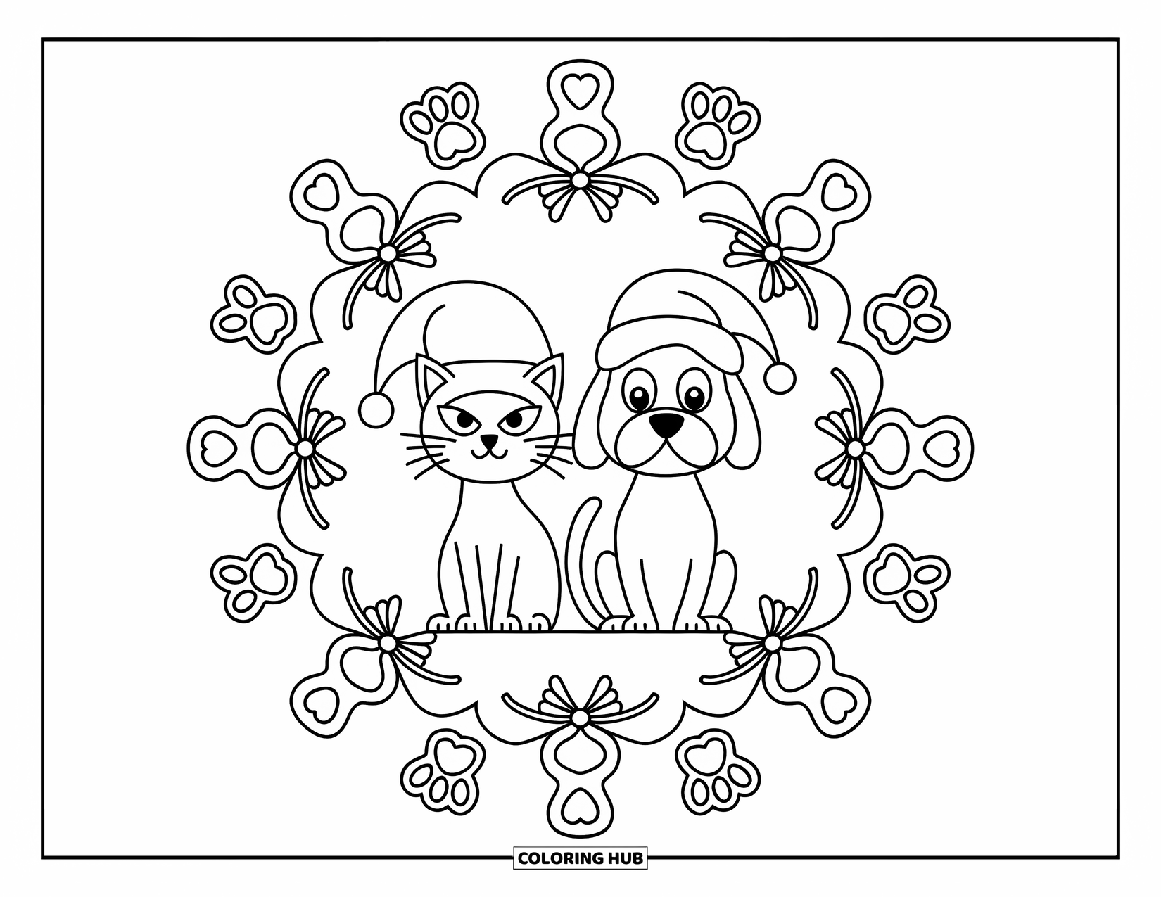 Christmas Mandala Coloring Page for Kids: A playful cat and dog in Santa hats surrounded by paw prints and bows