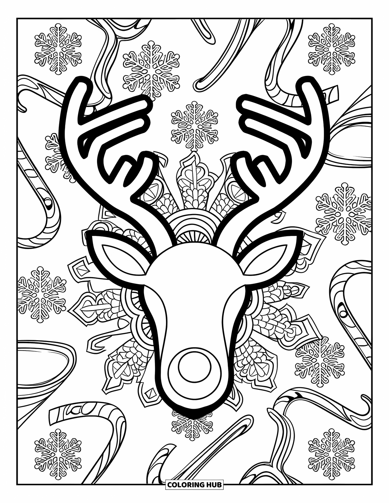 Christmas Mandala Coloring Page for Kids: A reindeer head and candy canes arranged in a spiral holiday pattern