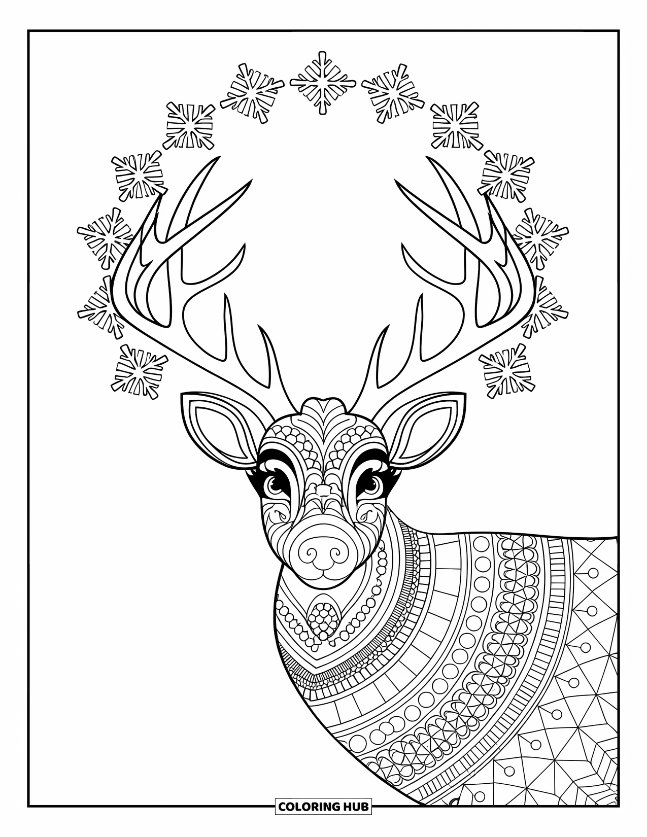 Christmas Mandala Coloring Page for Kids: A reindeer with expressive eyes centered in a snowy mandala design