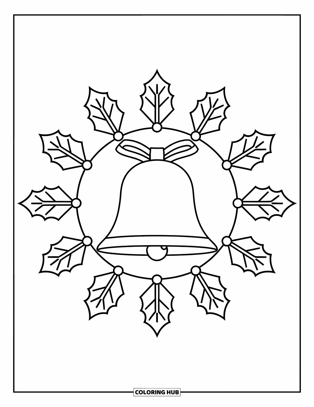 Christmas Mandala Coloring Page for Kids: A shining bell in a ring of holly leaves and curved lines