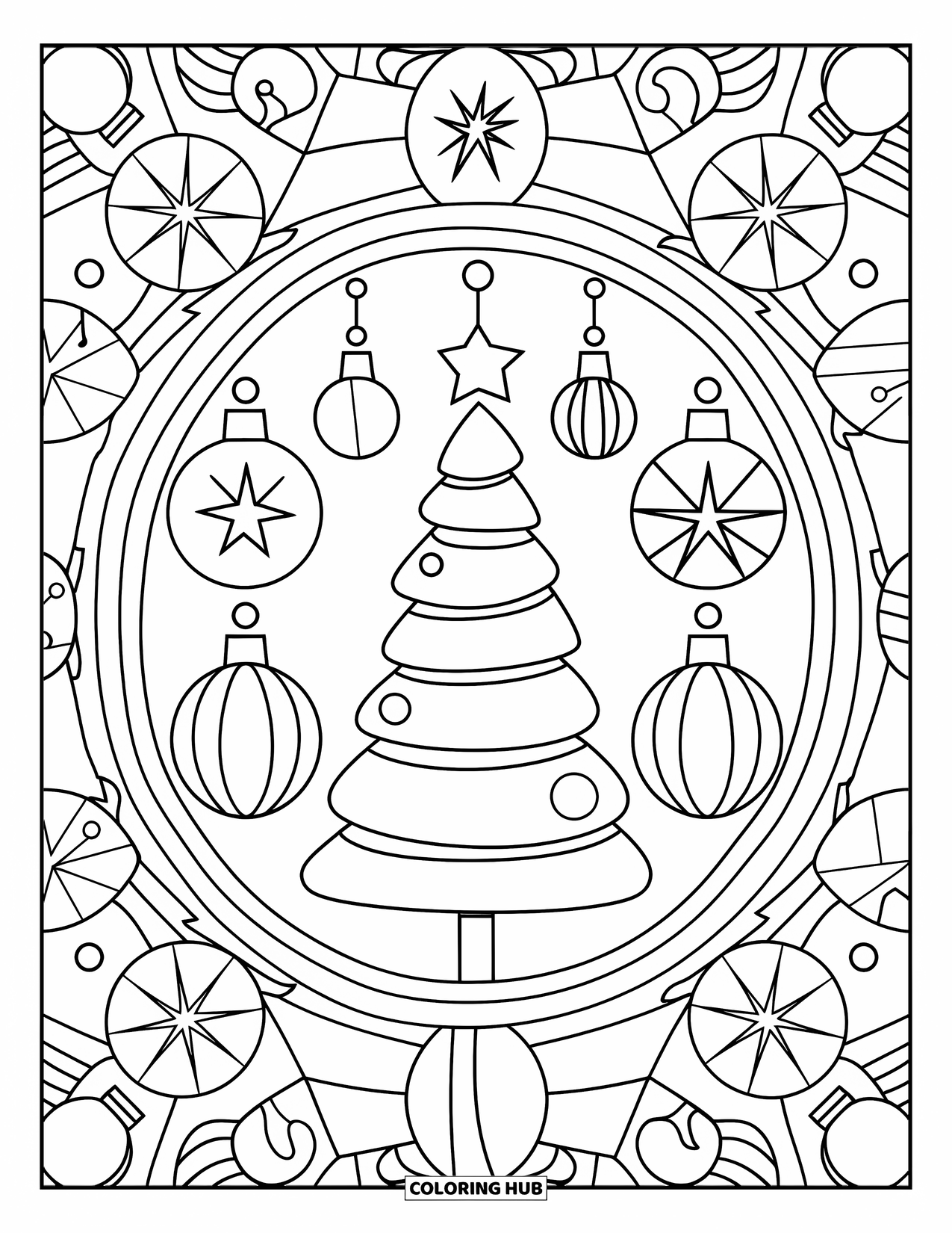 Christmas Mandala Coloring Page for Kids: A simple tree surrounded by patterned ornaments and festive shapes