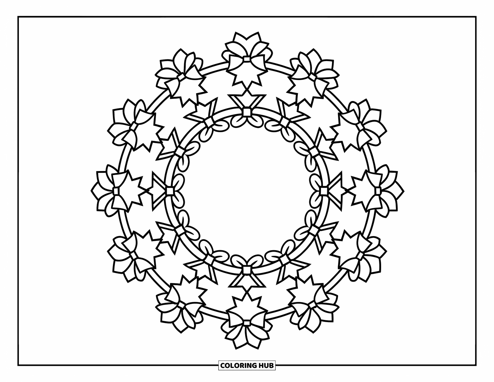 Christmas Mandala Coloring Page for Kids: A simple wreath of stars and bows forming a circular mandala