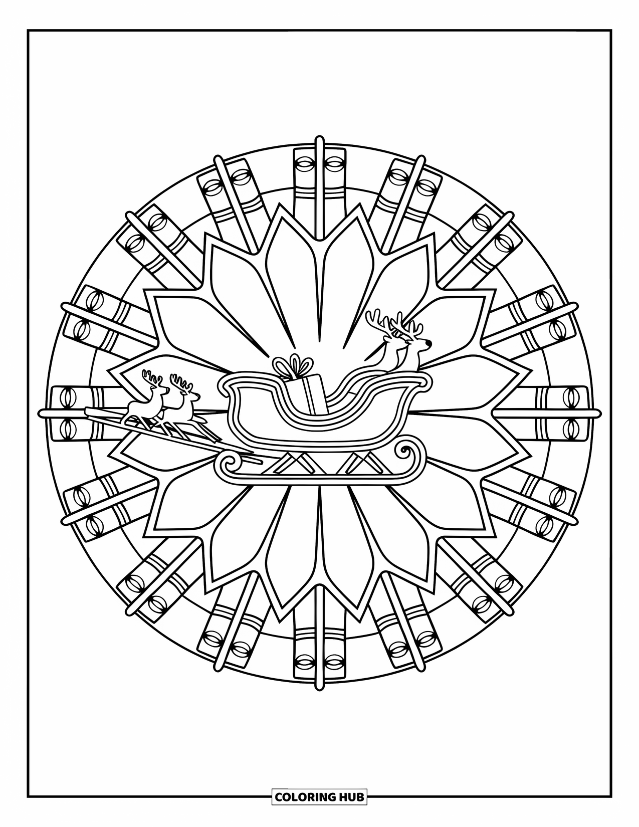 Christmas Mandala Coloring Page for Kids: A sleigh with gifts and reindeer arranged in a balanced mandala