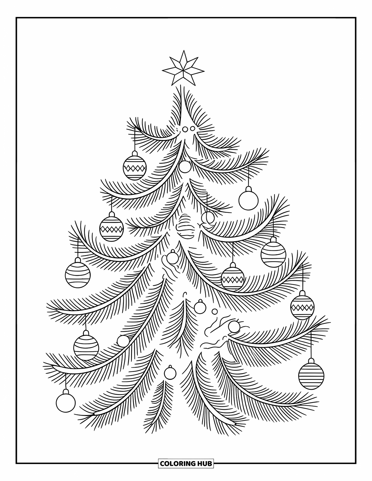Christmas Mandala Coloring Page for Kids: A tree filled with ornaments and stars forming a simple mandala