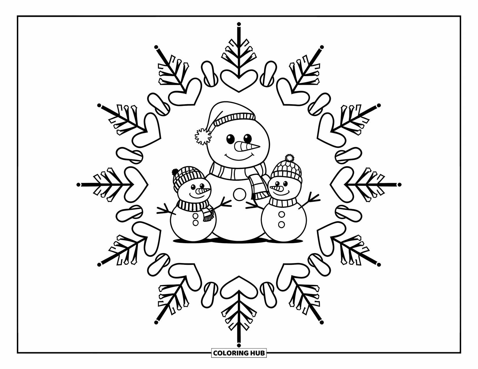 Christmas Mandala Coloring Page for Kids: A trio of snowmen within a mandala of snowballs and snowy trees