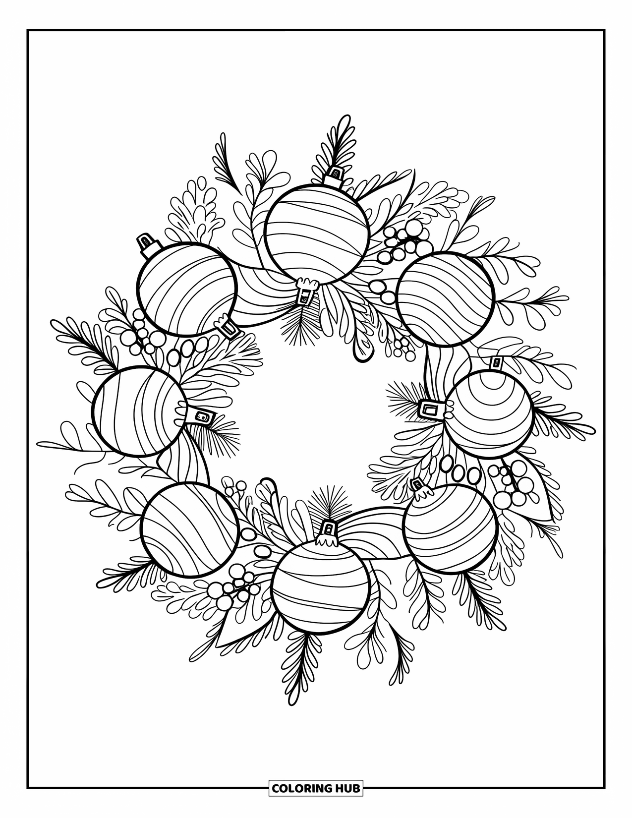 Christmas Mandala Coloring Page for Kids: A wreath made of ornaments and berries creates a festive mandala design