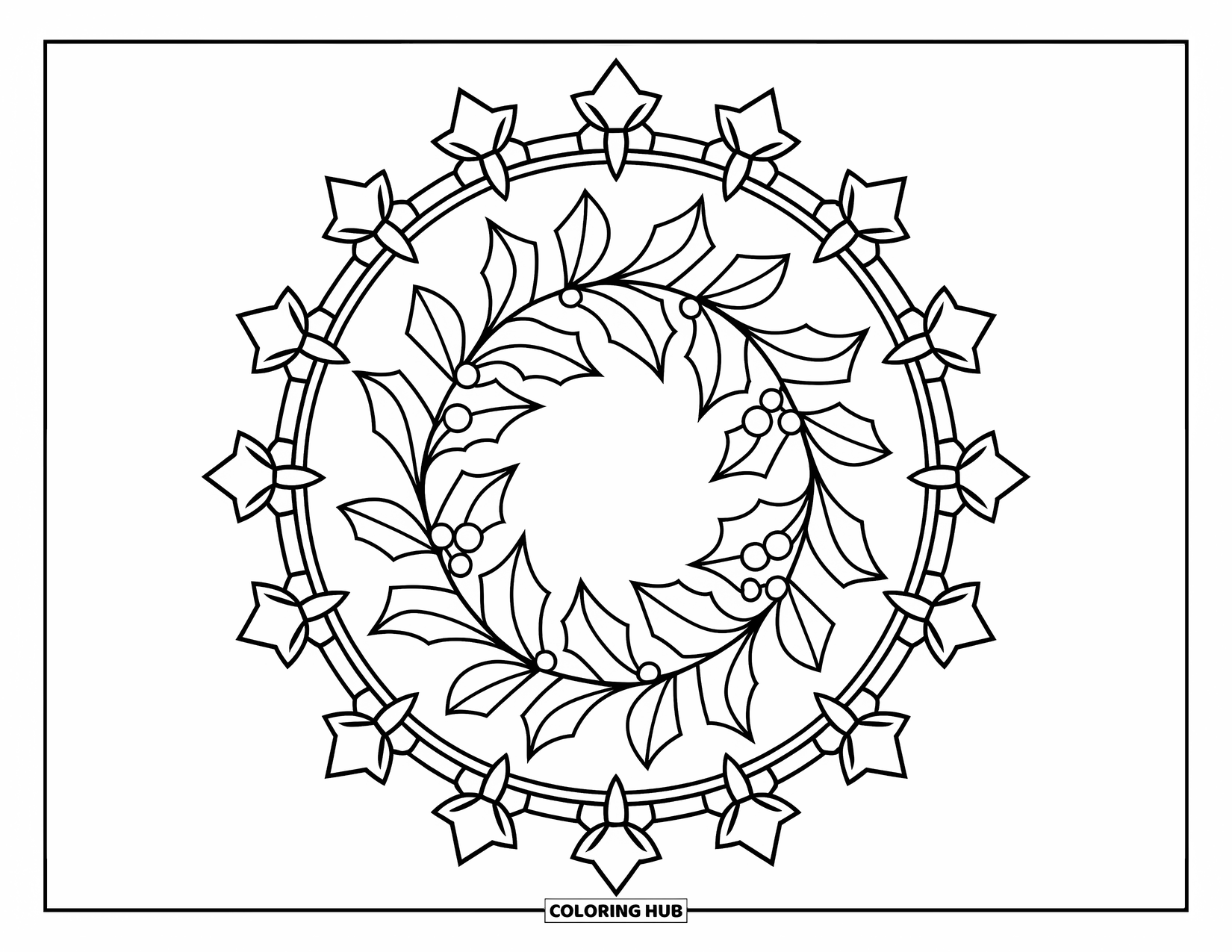 Christmas Mandala Coloring Page for Kids: A wreath of holly and berries surrounded by stars and bows