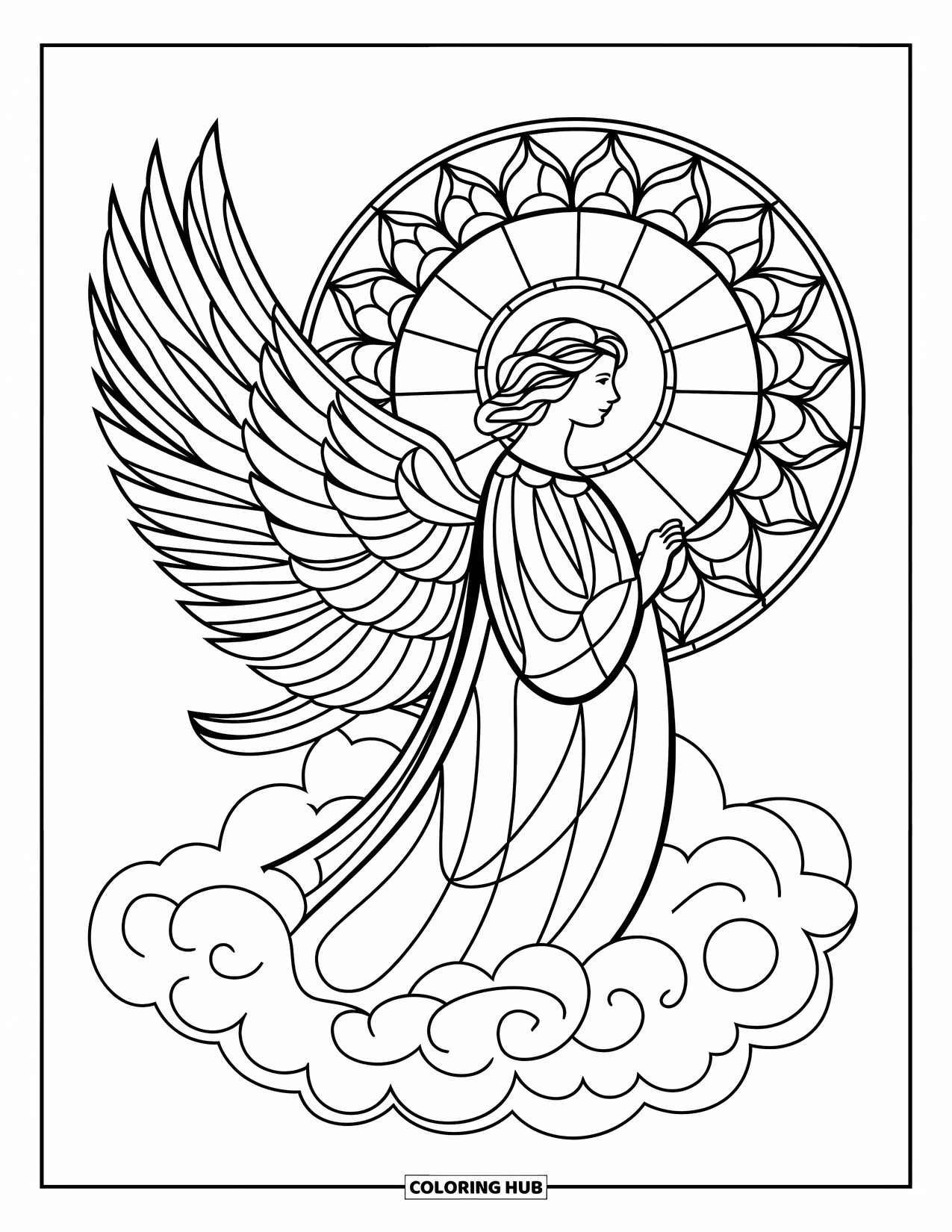 Christmas Mandala Coloring Page for Kids: An angel stands on clouds within a glowing mandala of feathers and halos