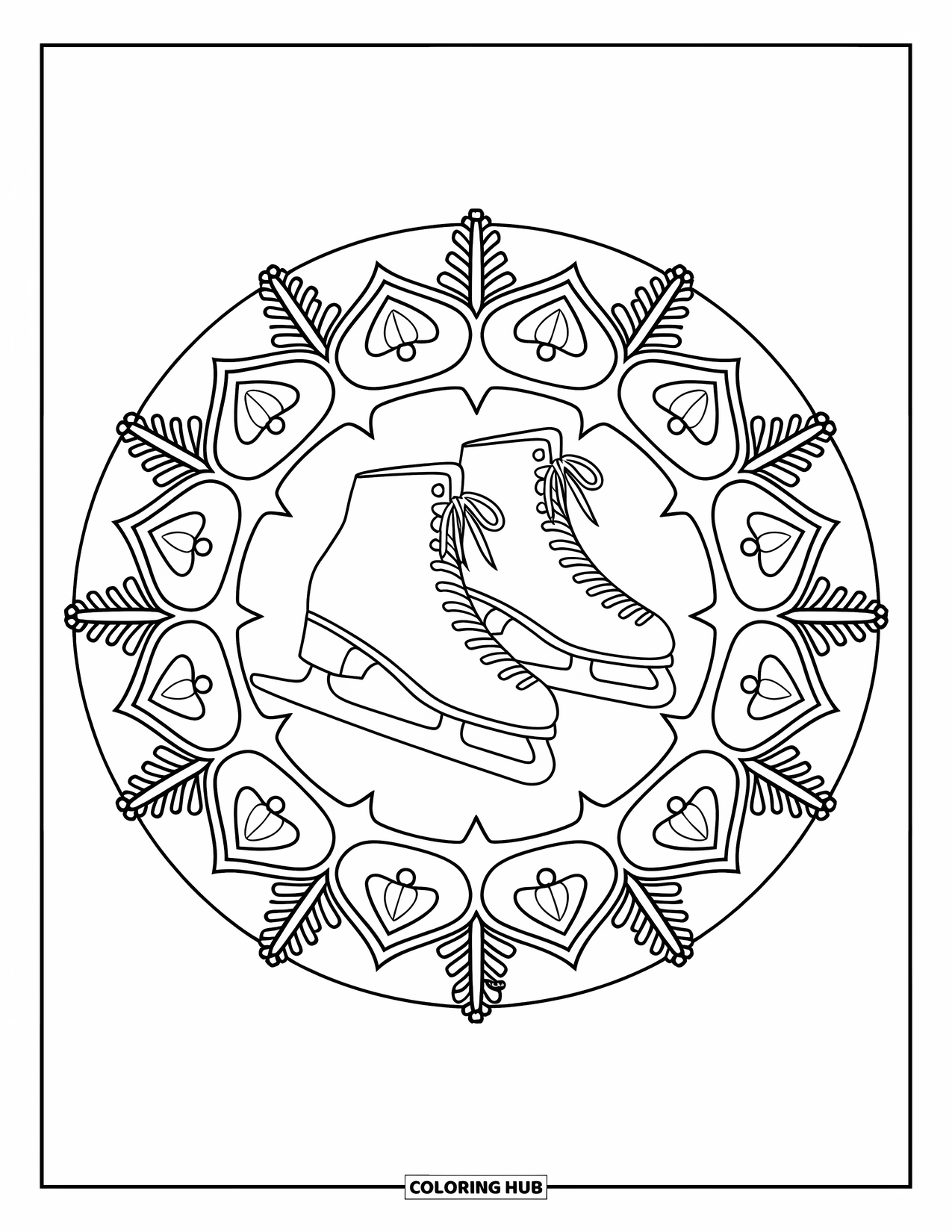 Christmas Mandala Coloring Page for Kids: Ice skates encircled by pinecones and swirling snowflakes in a mandala