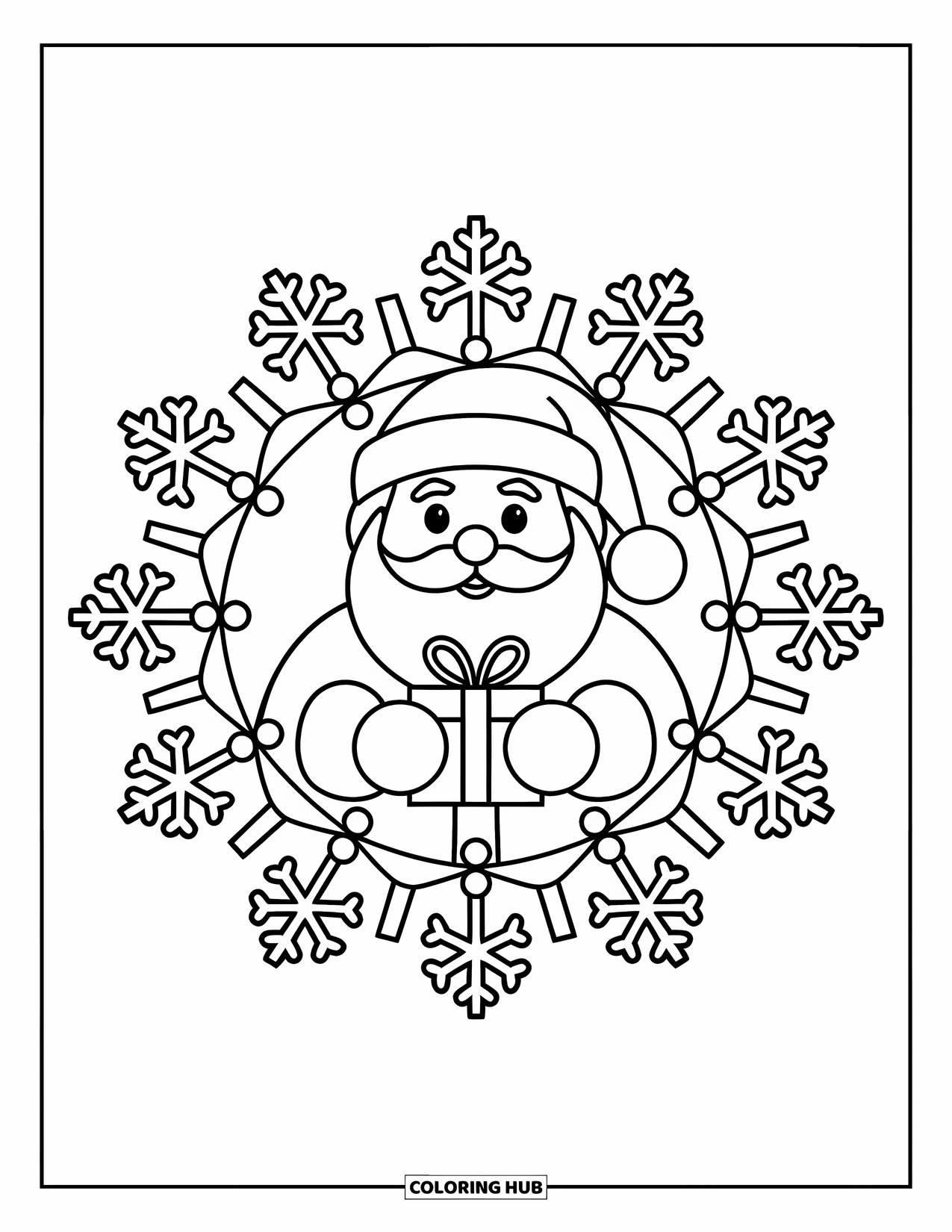 Christmas Mandala Coloring Page for Kids: Santa holding a present at the center of a snowy holiday mandala