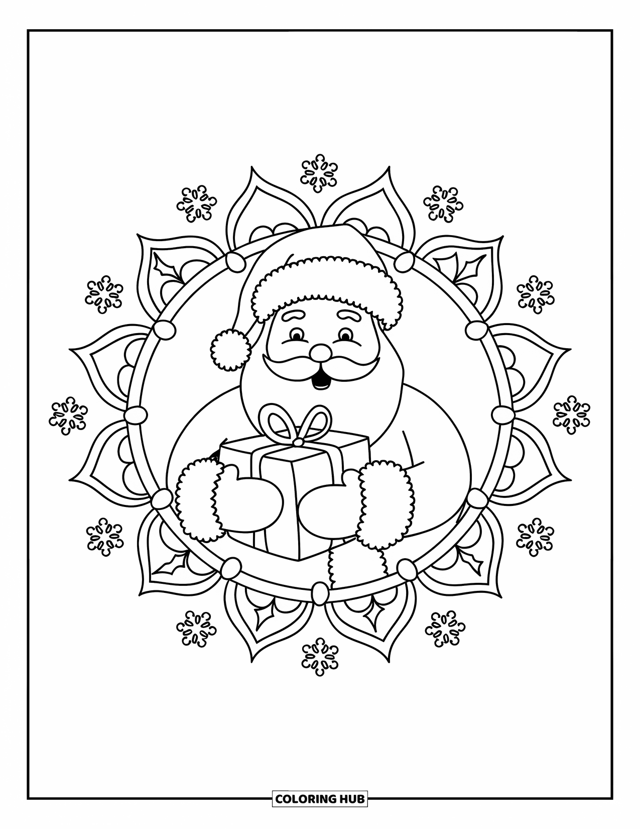 Christmas Mandala Coloring Page for Kids: Santa with a beard and gift surrounded by holly and snowflakes